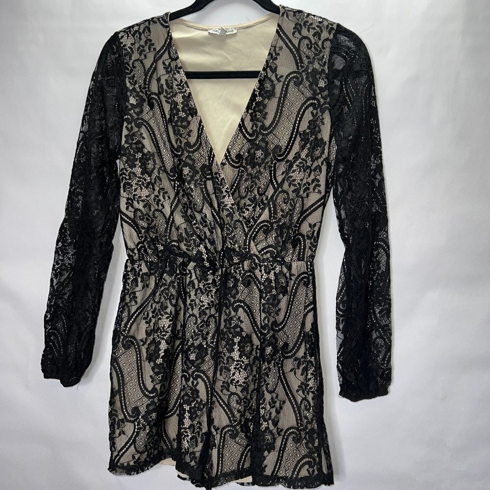 BLACK Long Sleeve Lace Nude Romper Size M